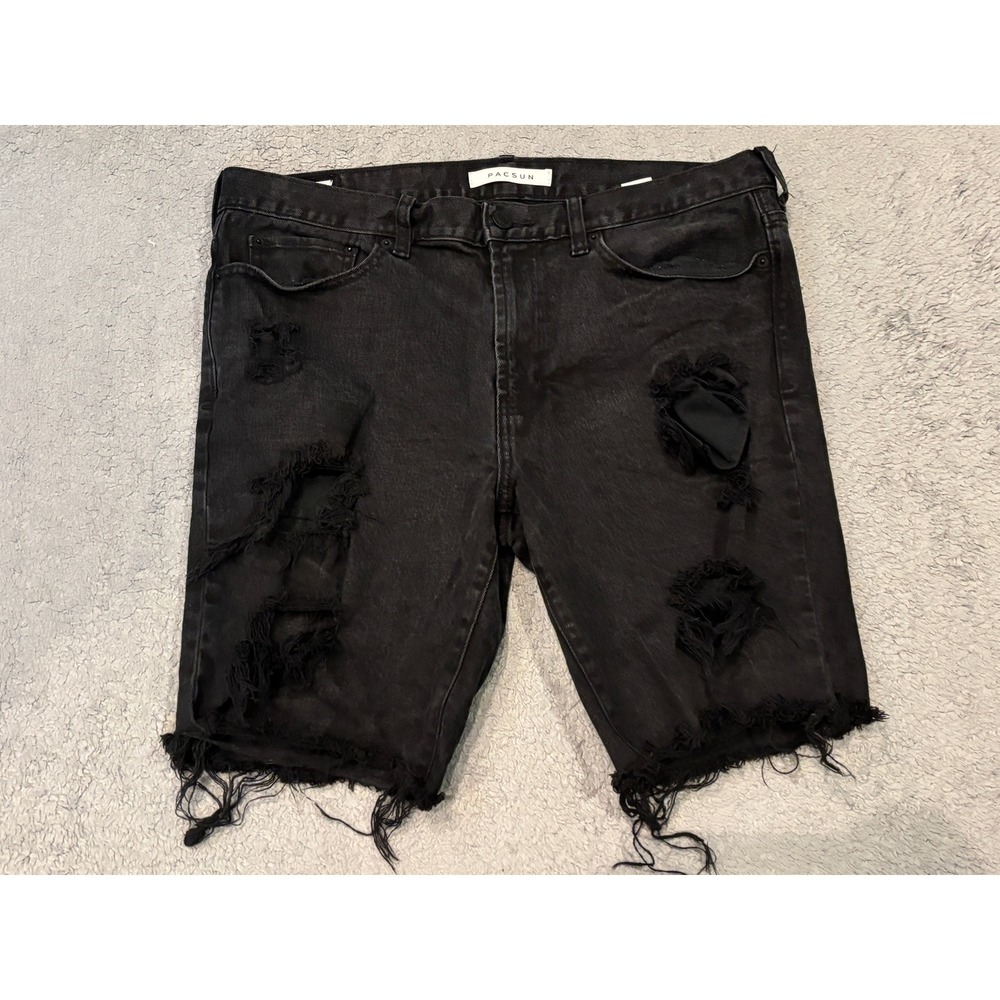 PacSun Mens Skinny Distressed Denim Shorts Washed Black Frayed Hem Size 34